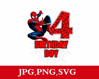 Spiderman 4th Birthday PNG\ Superhero Number 4 PNG\ Kids Birthday Party Clipart Design