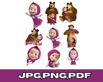 Masha and Bear PNG\ Cute Cartoon Clipart\ Kids Birthday Party Design\ Funny Character PNG