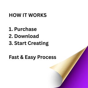 May include: White background with the text "HOW IT WORKS" followed by numbered steps: Purchase, Download, Start Creating. The phrase "Fast & Easy Process" is also displayed. A corner of the page is folded over, revealing a gold and purple color.