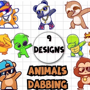 Puede incluir: Una colección de nueve ilustraciones de dibujos animados que muestran varios animales y un alienígena realizando el baile dab, incluyendo un gato, panda, perezoso, pato, tortuga, jirafa, oso y mono, con el texto 9 DESIGNS ANIMALS DABBING.