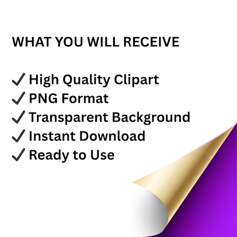 May include: White background with text reading "WHAT YOU WILL RECEIVE" followed by a list of features: High Quality Clipart, PNG Format, Transparent Background, Instant Download, and Ready to Use. A gold and purple corner design is in the bottom right.