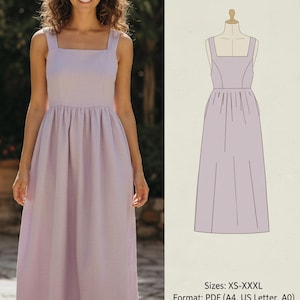 Könnte beinhalten: Eine Frau trägt ein lila Maxi-Leinenkleid mit quadratischem Ausschnitt. Das Kleid hat ein eng anliegendes Oberteil und einen fließenden Rock. Das Bild enthält auch eine Musterillustration des Kleides mit dem Text "Maxi Linen Dress Pattern". Größen XS-XXXL, PDF-Format.