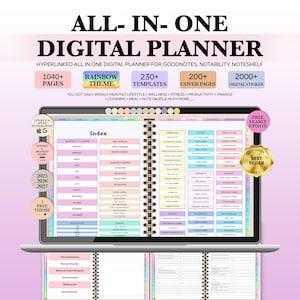 Könnte beinhalten: Ein digitaler Planer mit Regenbogen-Design auf einem Laptop-Bildschirm. Er enthält über 1040 Seiten, über 230 Vorlagen, über 200 Deckblätter und über 2000 digitale Sticker. Der Planer bietet tägliche, wöchentliche und monatliche Planung für Lifestyle, Wellness und Finanzen.