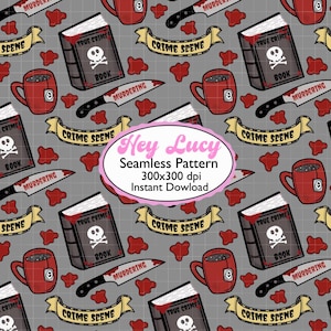 May include: Seamless pattern with a gray background featuring a repeating design of true crime books, coffee mugs, knives, and blood splatters. The design includes banners that read "Crime Scene" and the text "Hey Lucy".