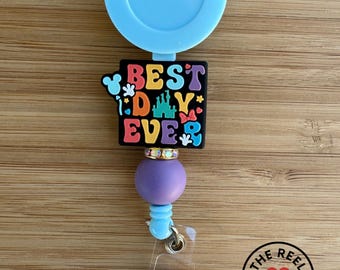 Best Day Ever Badge Reel | Blue ID Holder | Purple Bead with Rhinestone Spacer | Cute Disney Nurse Reel | Optional Charm | Fast Shipping