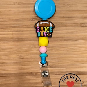 Game Day Football Badge Reel: Blue Retractable ID Holder with Colorful Beads