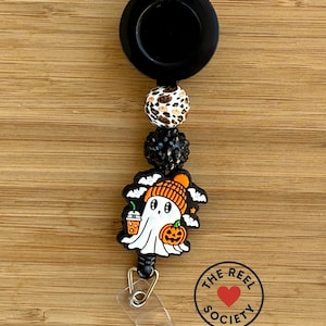 Cozy Ghost Coffee Halloween Badge Reel with Sparkly Bead | Pumpkin Spice Latte ID Holder | Spooky Cute Retractable Nurse Badge Reel