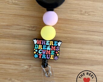 Where Dreams Come True Badge Reel | Black ID Holder | Pastel Beads | Cute Disney Nurse Reel | Optional Charm | Fast Shipping