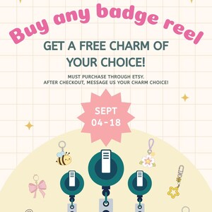 May include: A promotional graphic featuring three dark teal badge reels with white rectangular centers. Surrounding the reels are small charms including a bee, a pink bow, a key with a strawberry, a flower, a yellow star, and a strawberry.