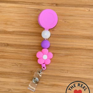 Pink & Purple Flower Badge Reel: Sparkly ID Holder, Nurse Gift