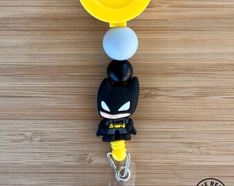 Black Yellow Masked Hero Badge Reel | Silicone Beaded ID Holder for Nurse Teacher Office Staff, Fun Retractable Badge Clip