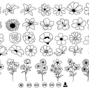 May include: A selection of black and white floral line art illustrations, featuring roses, lilies, daisies, and various other flower types. The image includes file type icons for AI, EPS, PDF, DXF, PNG, and SVG formats, plus a download icon.