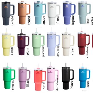 Peut inclure: Une collection de gobelets isothermes de diff&eacute;rentes couleurs, dont violet, cr&eacute;puscule, pain grill&eacute;, agave, givre, lupin, bleu, cactus et pin s&eacute;ch&eacute;. Chaque gobelet a une poign&eacute;e, une paille et un couvercle. Les gobelets sont con&ccedil;us pour les boissons froides.