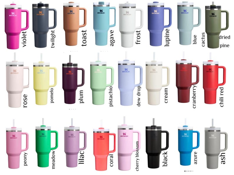 Peut inclure: Une collection de gobelets isothermes de diff&eacute;rentes couleurs, dont violet, cr&eacute;puscule, pain grill&eacute;, agave, givre, lupin, bleu, cactus et pin s&eacute;ch&eacute;. Chaque gobelet a une poign&eacute;e, une paille et un couvercle. Les gobelets sont con&ccedil;us pour les boissons froides.