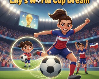 Könnte beinhalten: Illustration einer Fußballszene mit dem Text "Lily's World Cup Dream" und "By Al Trail". Ein Mädchen in einem US-amerikanischen Fußballtrikot tritt einen Fußball auf einem grünen Feld. Andere Mädchen sind im Hintergrund.