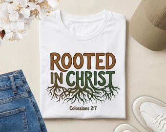 Rooted in Christ Christian T-Shirt Colossians 2:7 | Scripture Faith Tee | Inspirational Jesus Shirt | Biblical Encouragement Gift