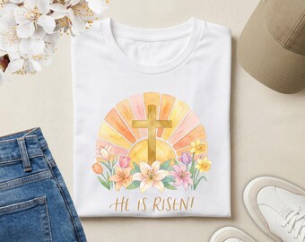 He Is Risen Christian T-Shirt | Floral Cross Easter Shirt | Resurrection Faith Tee | Inspirational Jesus Apparel | Christian Gift