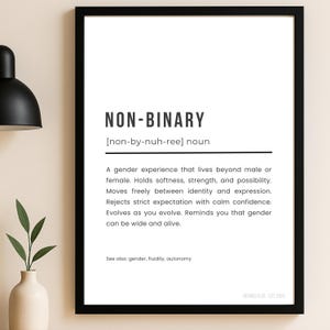 May include: A black framed print featuring the word "NON-BINARY" in bold, black text. The definition describes a gender experience beyond male or female. The print includes the text "DEFINED & CO. EST 2025" at the bottom.