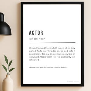 Può includere: Stampa con cornice nera con la definizione di "ACTOR" in testo nero. La definizione include la pronuncia, una descrizione e termini correlati. La stampa è su sfondo bianco.