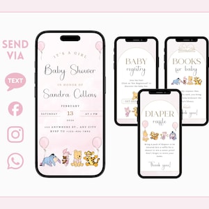 Invitación para baby shower de niña inspirada en Winnie the Pooh / Registro de regalos integrado, Libros para bebé, Solicitud de rifa de pañales / Canva