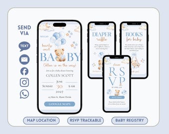 Sjabloon uitnodiging babyshower - jongen blauwe teddybeer uitnodiging - bewerkbare digitale uitnodiging met klikbare RSVP - we kunnen wachten | Canvas