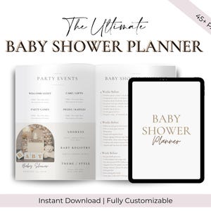 Könnte beinhalten: Ein Babyparty-Planer mit dem Titel "The Ultimate Baby Shower Planner" in eleganter Schrift. Das Bild zeigt einen geöffneten Planer und ein Tablet, das das Cover des Planers anzeigt. Der Planer enthält Abschnitte für Partyveranstaltungen, Babyregister und Thema/Stil.