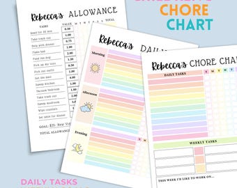 May include: A set of printable children's chore charts with a pastel rainbow theme. The charts include sections for daily tasks, weekly goals, and allowance tracking. Text includes "Children's Chore Chart", "Rebecca's Allowance", and "Daily Tasks".