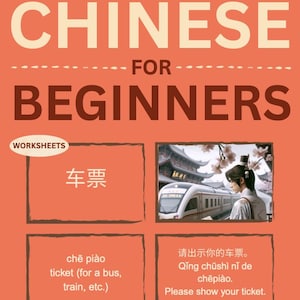 以下が含まれることがあります： 初心者向けのマンダリン中国語学習を促進するオレンジ色のポスター。 「チケット」や「チケットを見せてください」などの中国語の文字とフレーズの例が含まれています。