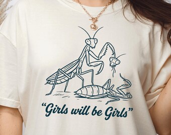 Camiseta bohemia con diseño de mantis religiosa, divertida, feminista, de insectos y brujas, para niñas que serán niñas