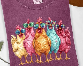 Camiseta de pollo moderna con gafas de sol de colores, divertida camiseta de granja