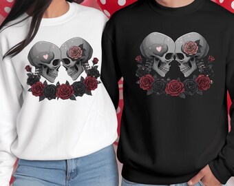 Skeleton Couple Rose Valentine Sweatshirt, Dark Romance Goth Love Shirt
