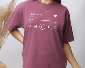 Camiseta personalizada con reproductor de música, canción favorita, nombre del artista, contorno relleno, corazón