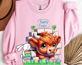 Camiseta con gráfico de primavera "Feliz Pascua, vaca, conejo, huevos de las Tierras Altas"