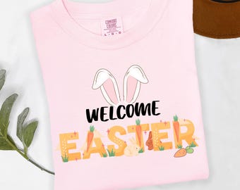 Camiseta retro de conejo de Pascua con letras de zanahoria, regalo familiar para la búsqueda de huevos