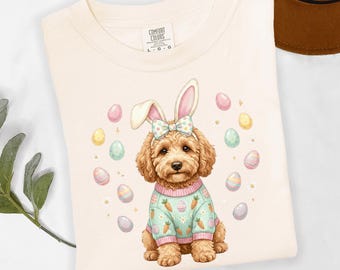 Suéter Goldendoodle de Pascua con orejas de conejo, huevos pastel, margaritas, zanahorias y camiseta para mamá perruna.