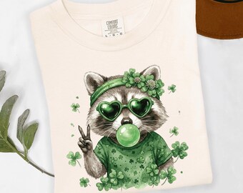 Camiseta de mapache irlandés de la suerte, gafas de sol con corazón, camiseta de bebé con trébol de chicle, regalo del Día de San Patricio