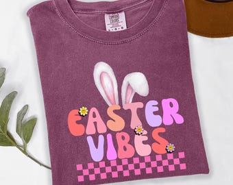 Camisa con vibraciones de Pascua, suéter retro de conejito, letras pastel, tablero de ajedrez, regalo para maestros y familias.