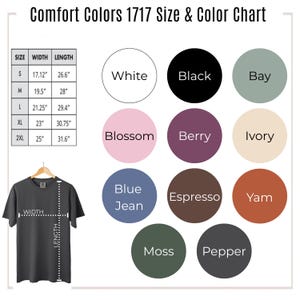 The image is a size chart for a t-shirt, showing the different sizes available in a 1717-sized t-shirt. The chart includes the width and length measurements for each size, as well as the corresponding color options.