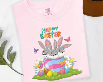 Camiseta con estampado de conejo de Pascua, camiseta floral de conejito, regalo para el Día de la Familia Infantil