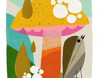 Stay Dry 8x10 Giclée Fine Art Print - Bird and Mushroom