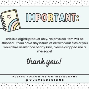 Puede incluir: Anuncio de producto digital con fondo azul claro y borde punteado negro. La palabra "IMPORTANTE" est&aacute; en letras coloridas. El texto incluye "Esto es solo un producto digital" y "&iexcl;gracias!" con un identificador de Instagram.
