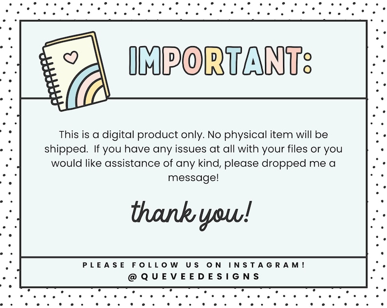 Puede incluir: Anuncio de producto digital con fondo azul claro y borde punteado negro. La palabra "IMPORTANTE" est&aacute; en letras coloridas. El texto incluye "Esto es solo un producto digital" y "&iexcl;gracias!" con un identificador de Instagram.