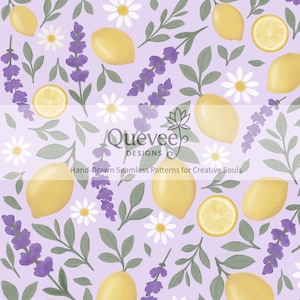 Padrão sem costura desenhado à mão de limonada de lavanda | Papel digital estilo cottagecore | Download instantâneo PNG