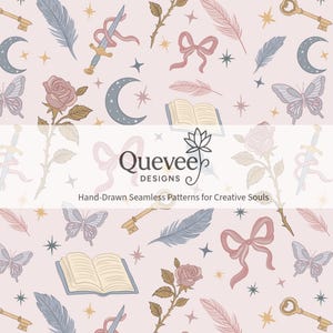 Romantasy handgetekende naadloze patroon: leesgrage digitaal papier (direct downloaden, png )