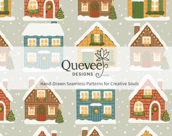 Patrón sin costuras de casita navideña: pueblo invernal dibujado a mano (descarga digital)