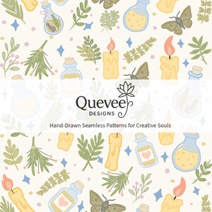 May include: Seamless pattern featuring hand-drawn illustrations of candles, potion bottles, butterflies, and botanical elements. The design includes a variety of colors, including yellow, green, blue, and pink, with the text "Quevee Designs" and "Hand-Drawn Seamless Patterns for Creative Souls".