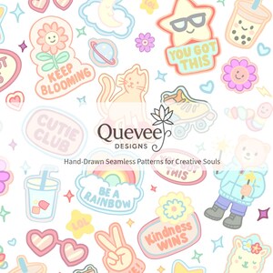 Kawaii Good Vibes Seamless Pattern: Pastel Boba Tea, Rainbows (JPG + PNG Digital Download