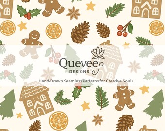 Patrón sin costuras dibujado a mano de Gingerbread Lane / Papel digital navideño / Patrón de superficie navideño / Descarga instantánea PNG + JPG