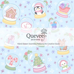 May include: A repeating pattern of snow globes with winter-themed illustrations on a light blue background. The snow globes contain a gingerbread house, penguin, polar bear, gifts, sleigh, stocking, reindeer, candy canes, Christmas tree, and snowman. The text reads "Quevee Designs" and "Hand-Drawn Seamless Patterns for Creative Souls."