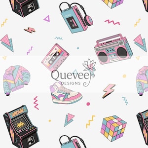 May include: A pattern of 80s-themed illustrations on a white background. The design includes a pink boombox, a Rubik's Cube, a cassette tape, a retro arcade game, a sneaker, a windbreaker, and a Walkman. The design also includes geometric shapes and the text "Quevee Designs".